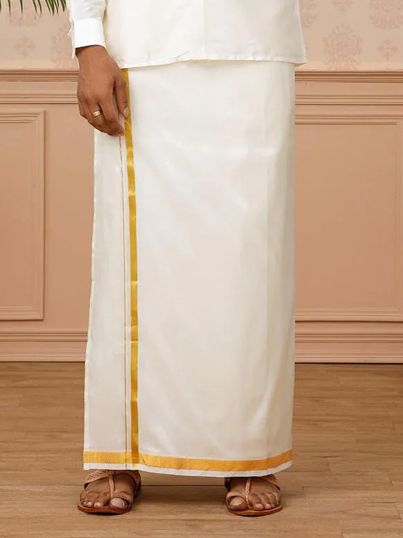 Men Pure Silk Cream 1/2" inch Jari Dhoti & Shirting Purna Mithra