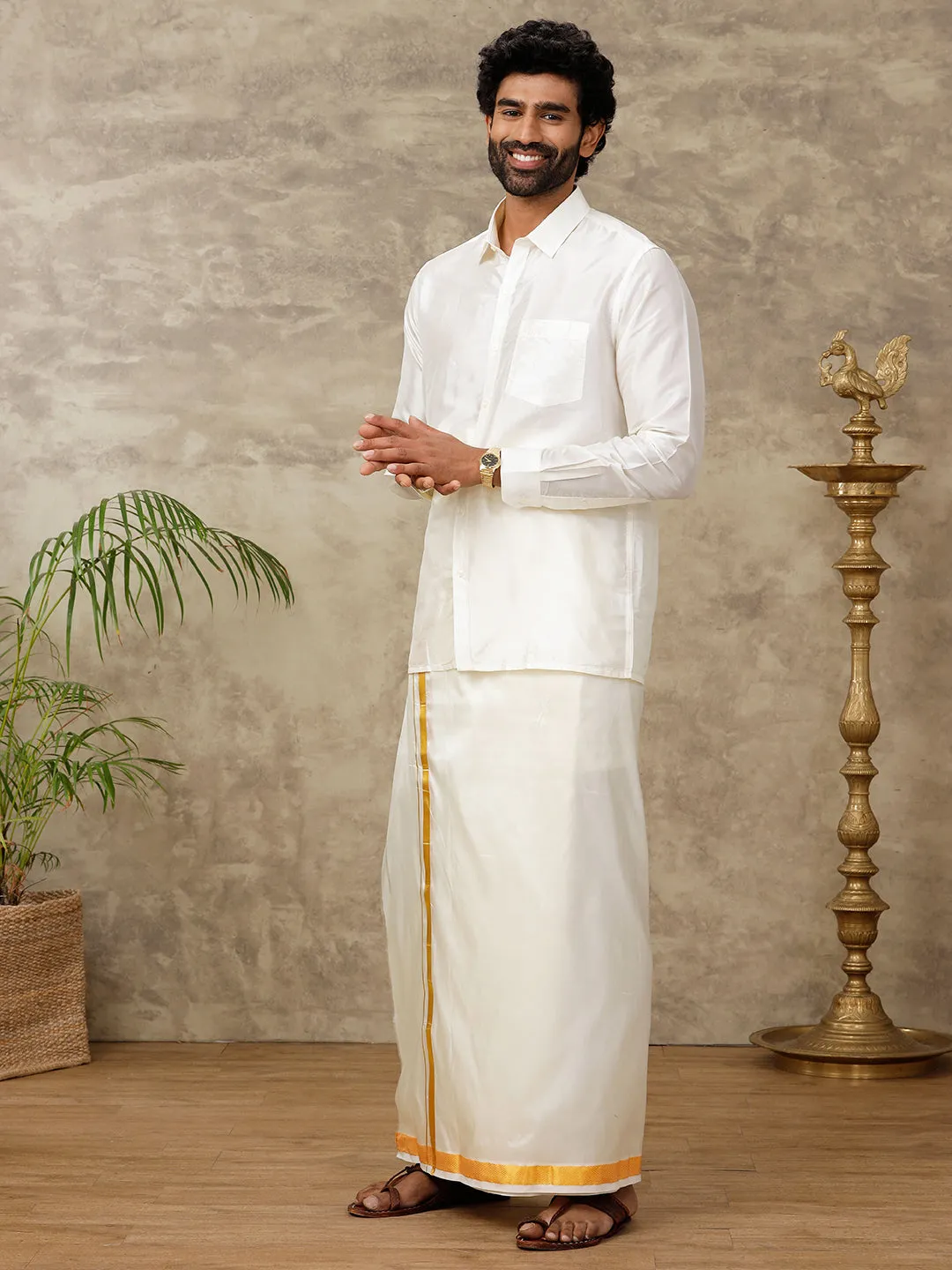 Men Pure Silk Cream 1" inch Jari Dhoti & Shirting Purna Mithra