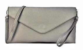 METALLIC PEWTER OVER-SIZED ENVELOPE CLUTCH BAG WITH LONG CROSS BODY AND WRISTLET STRAP