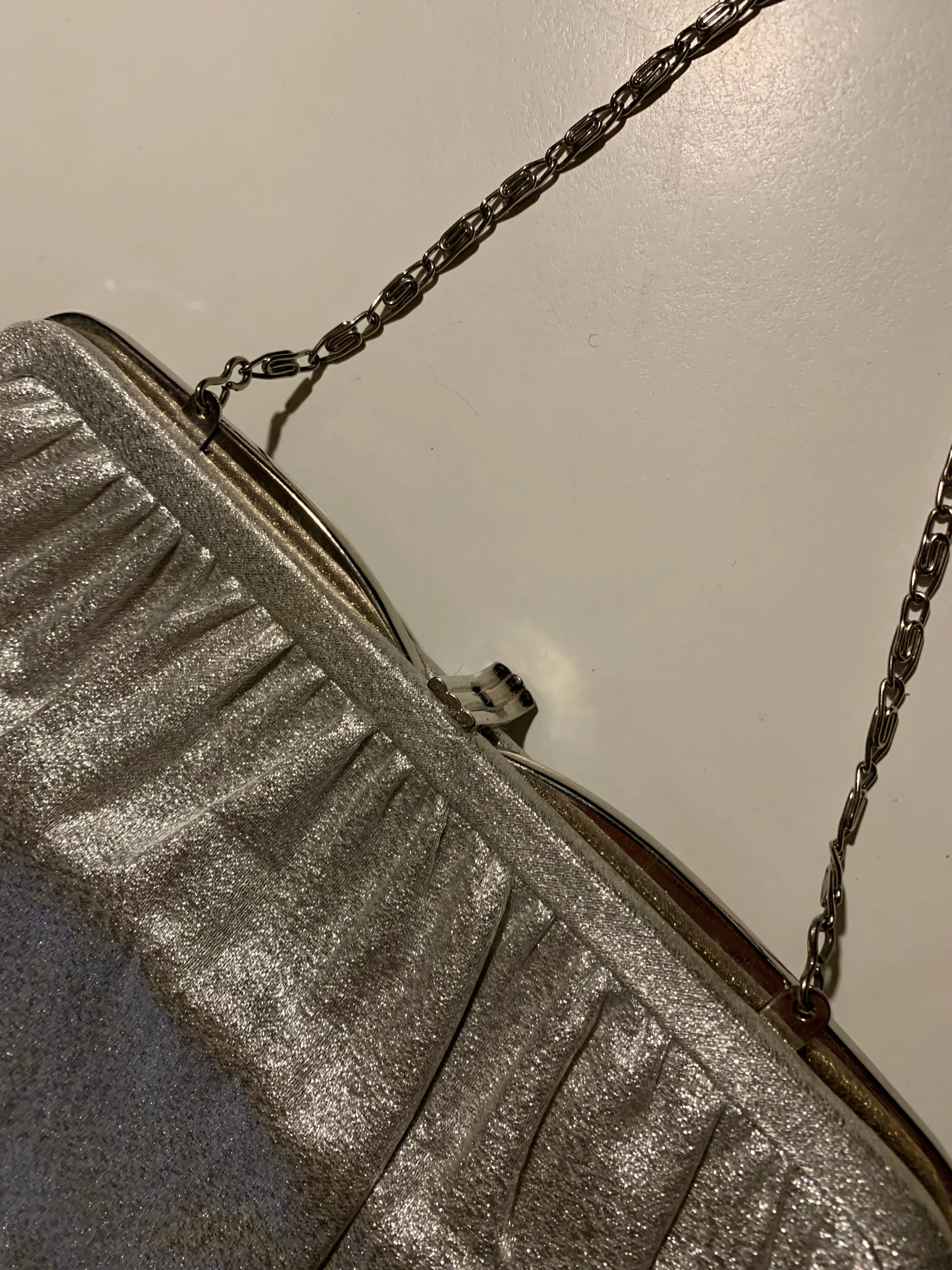 Metallic Silver Fabric Covered Chain Strap Handbag circa 1960s