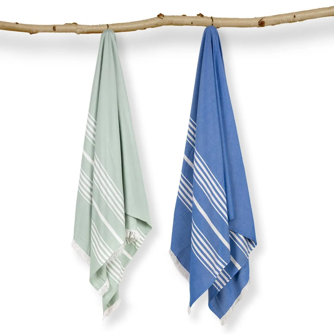 Mush Bamboo Turkish Towel Set: Perfect Diwali, Wedding, Housewarming,Couples. Soft, Absorbent, Compact, Quick Dry, Travel, Gym, Beach, Pool, Yoga (2 Gift Box : Blue - Light Green)