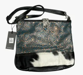 myra turquoise and black cowhide leather hand bag with tooled leather