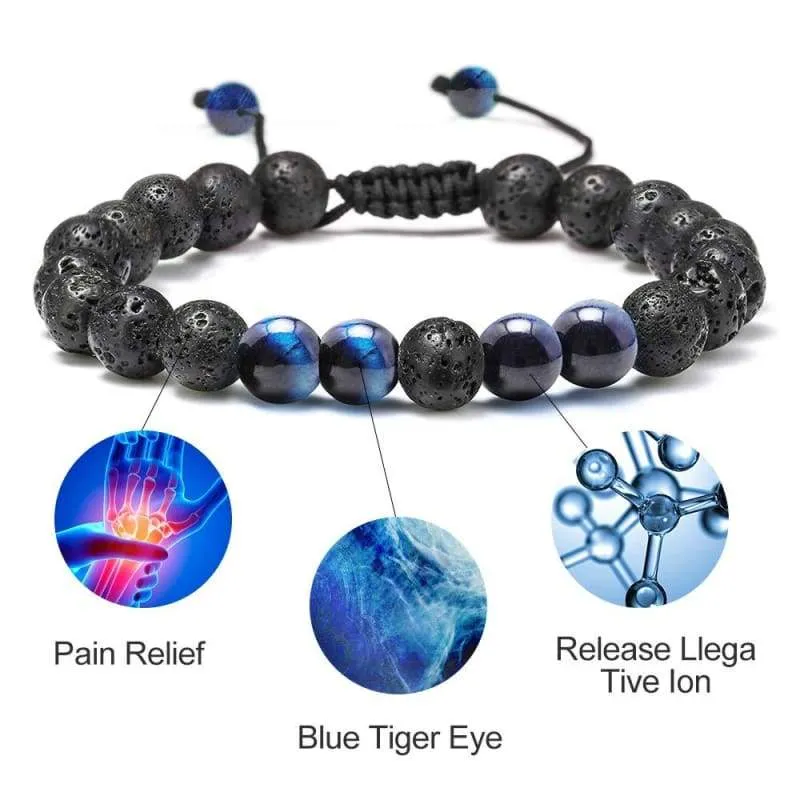 Natural Bead Bracelet  8mm Gem Semi Precious Stone Round Bead Black Lava Rock and Blue Tiger's Eye Beads Bracelet  Men Women Stress Relief Yoga Beads  Bracelet Energy Stone Bracelet