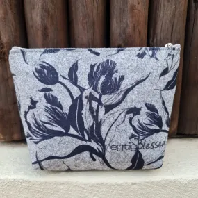 Navy Tulips - Recycled Felt Cosmetic Bag