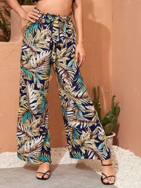 Paperbag Waist Wide Leg Tropical Print Pants