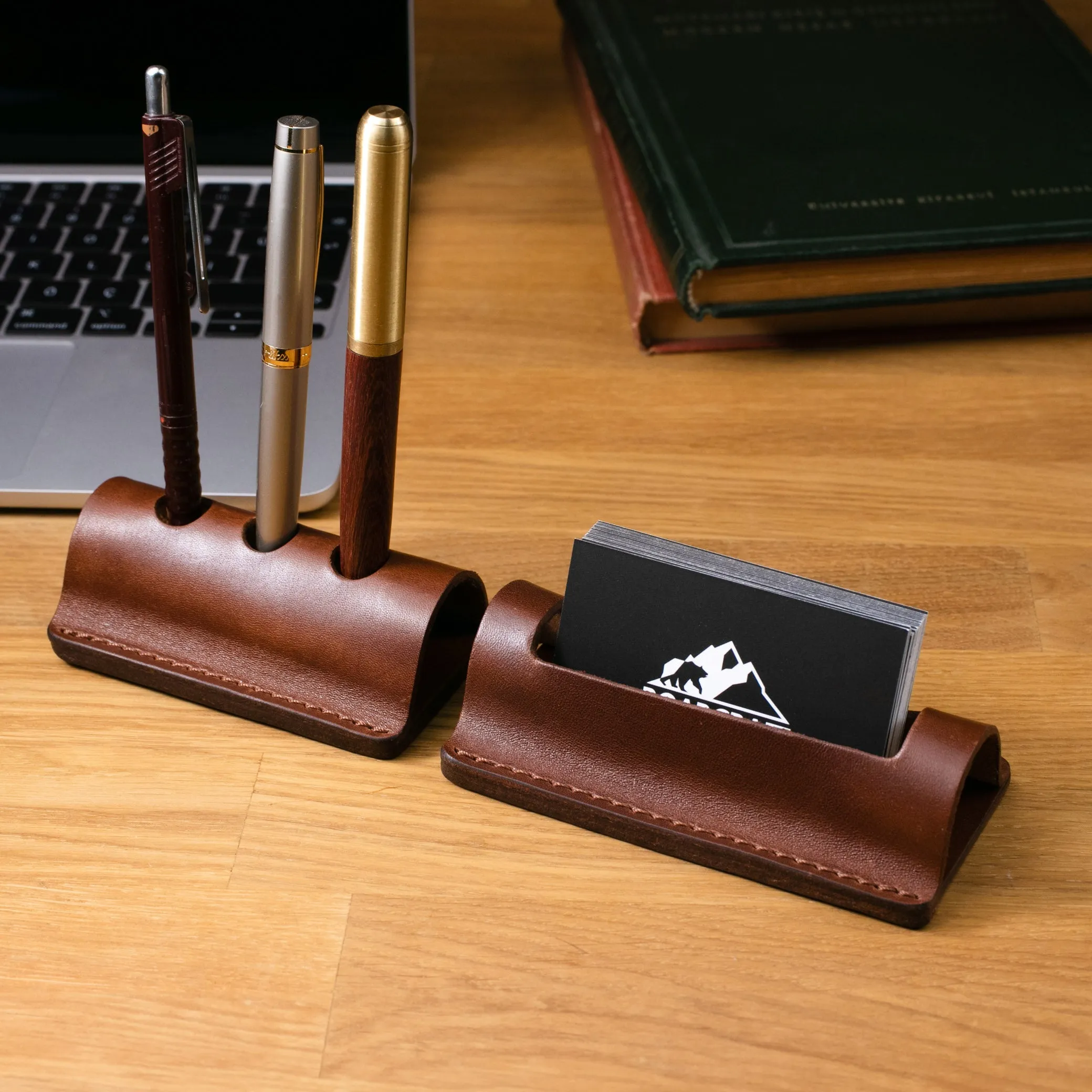 Pen and Business Card Leather Stands - Set of 2