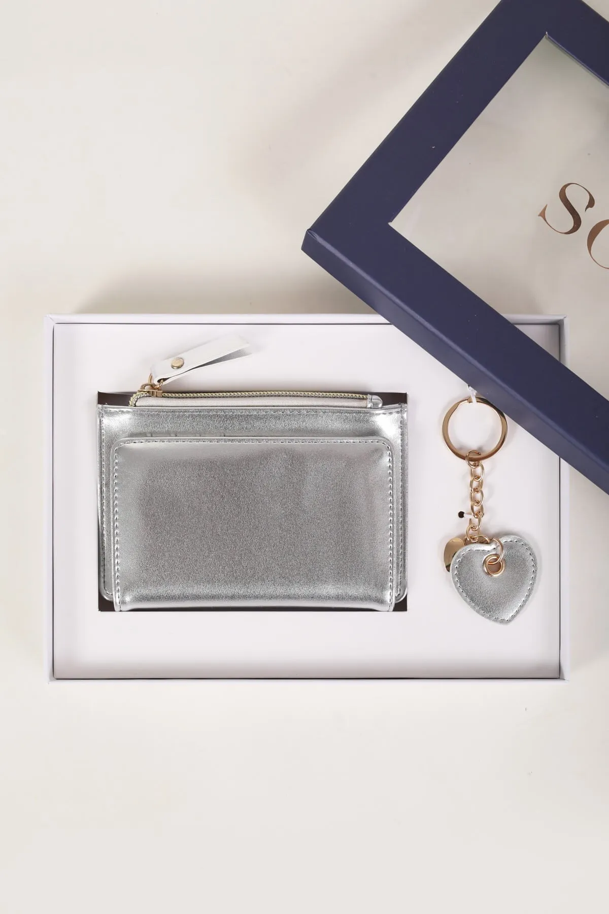 Silver Metallic Purse & Key Ring Gift Set