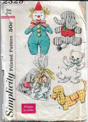 Simplicity 2329 Stuffed Toys Clown Animals Craft Vintage Sewing Pattern 1950s