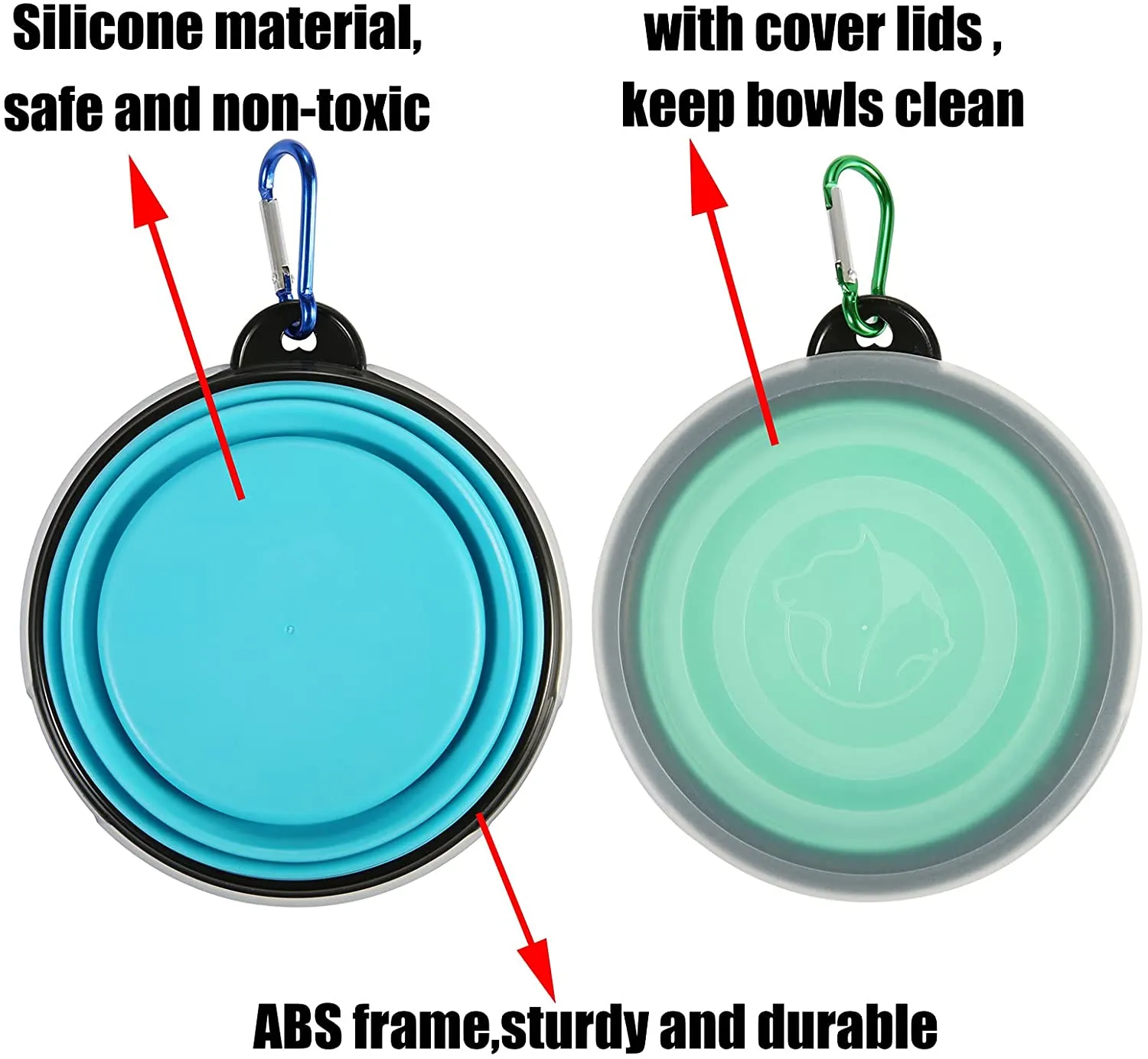 SLSON Collapsible Dog Bowls with Cover Lids,2 Pack Dog Travel Bowls Portable Foldable Cat Water Dish Bowl for Pets Walking Parking Camping,Light Blue and Green