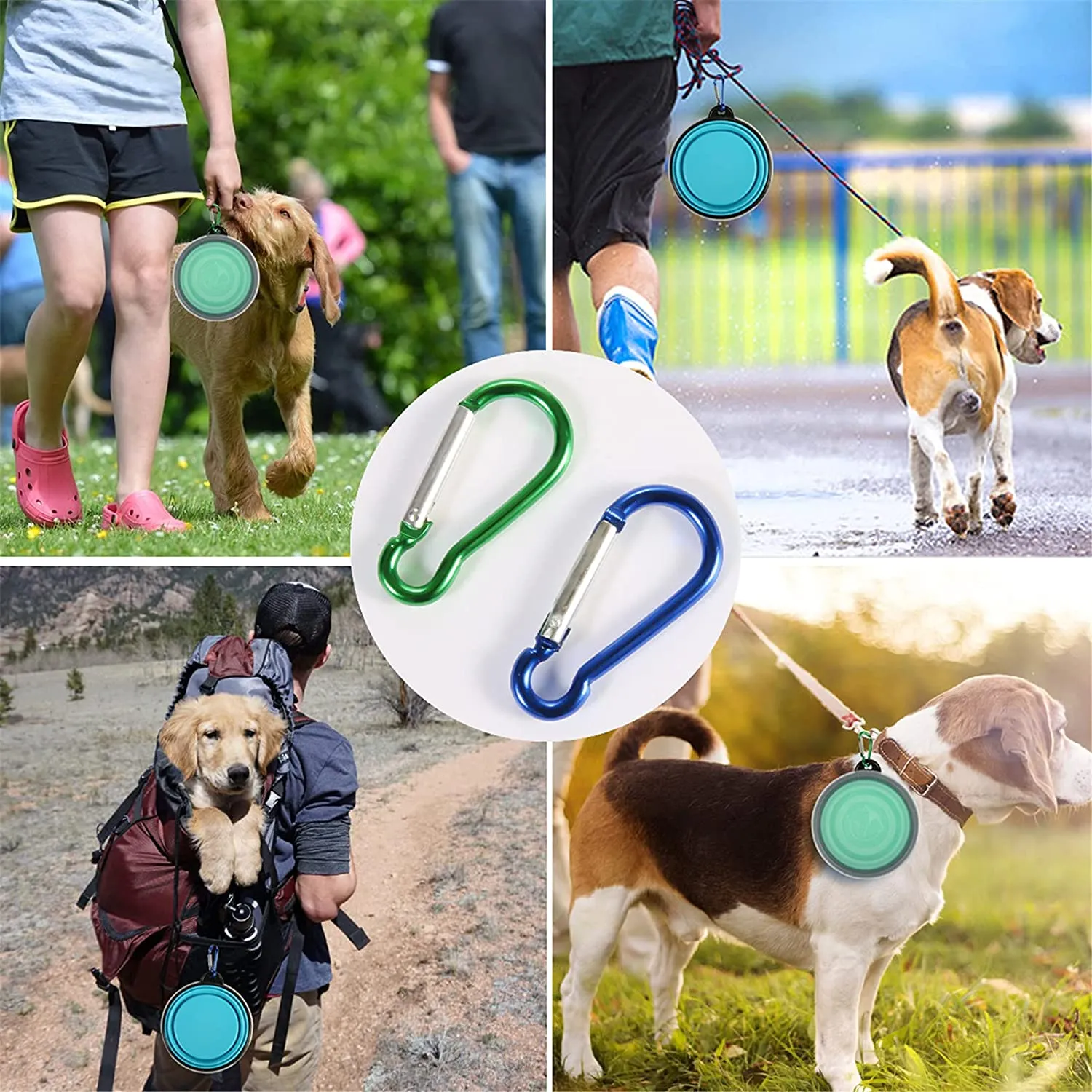 SLSON Collapsible Dog Bowls with Cover Lids,2 Pack Dog Travel Bowls Portable Foldable Cat Water Dish Bowl for Pets Walking Parking Camping,Light Blue and Green