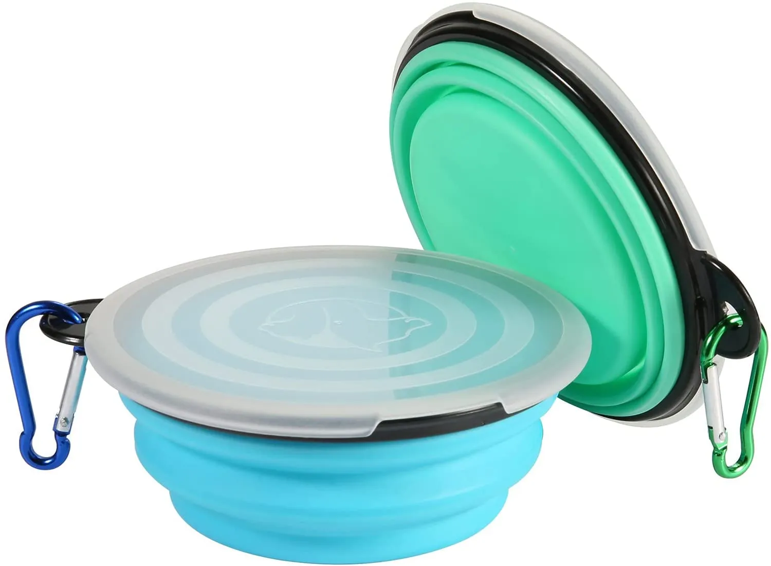 SLSON Collapsible Dog Bowls with Cover Lids,2 Pack Dog Travel Bowls Portable Foldable Cat Water Dish Bowl for Pets Walking Parking Camping,Light Blue and Green