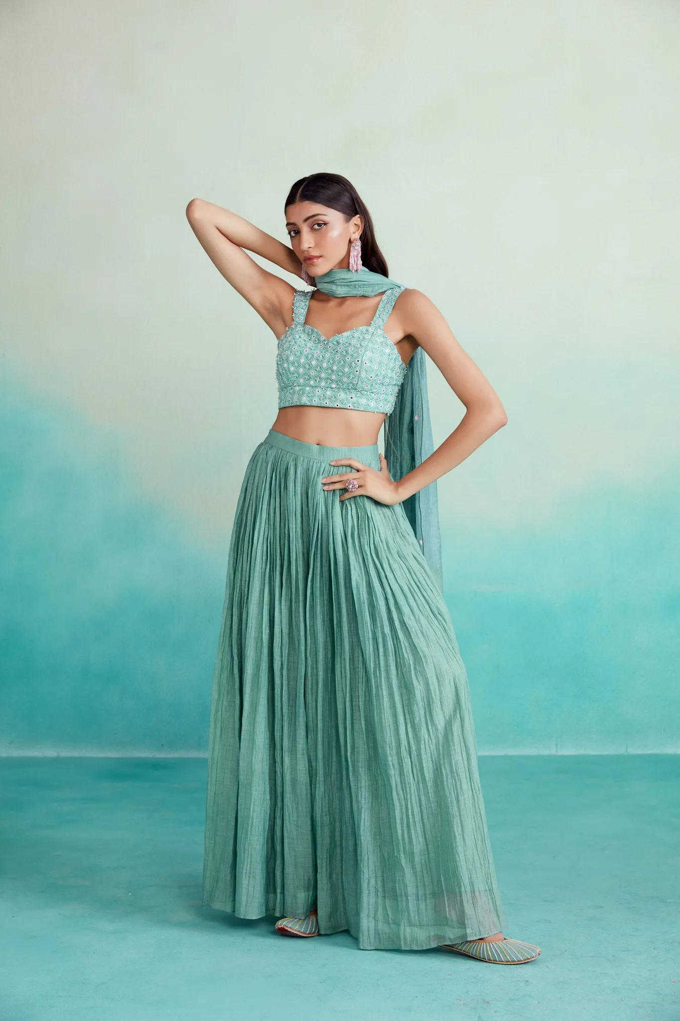 Spearmint sharara set - Mint Hand embroidered Crop-top Sharara & Dupatta set