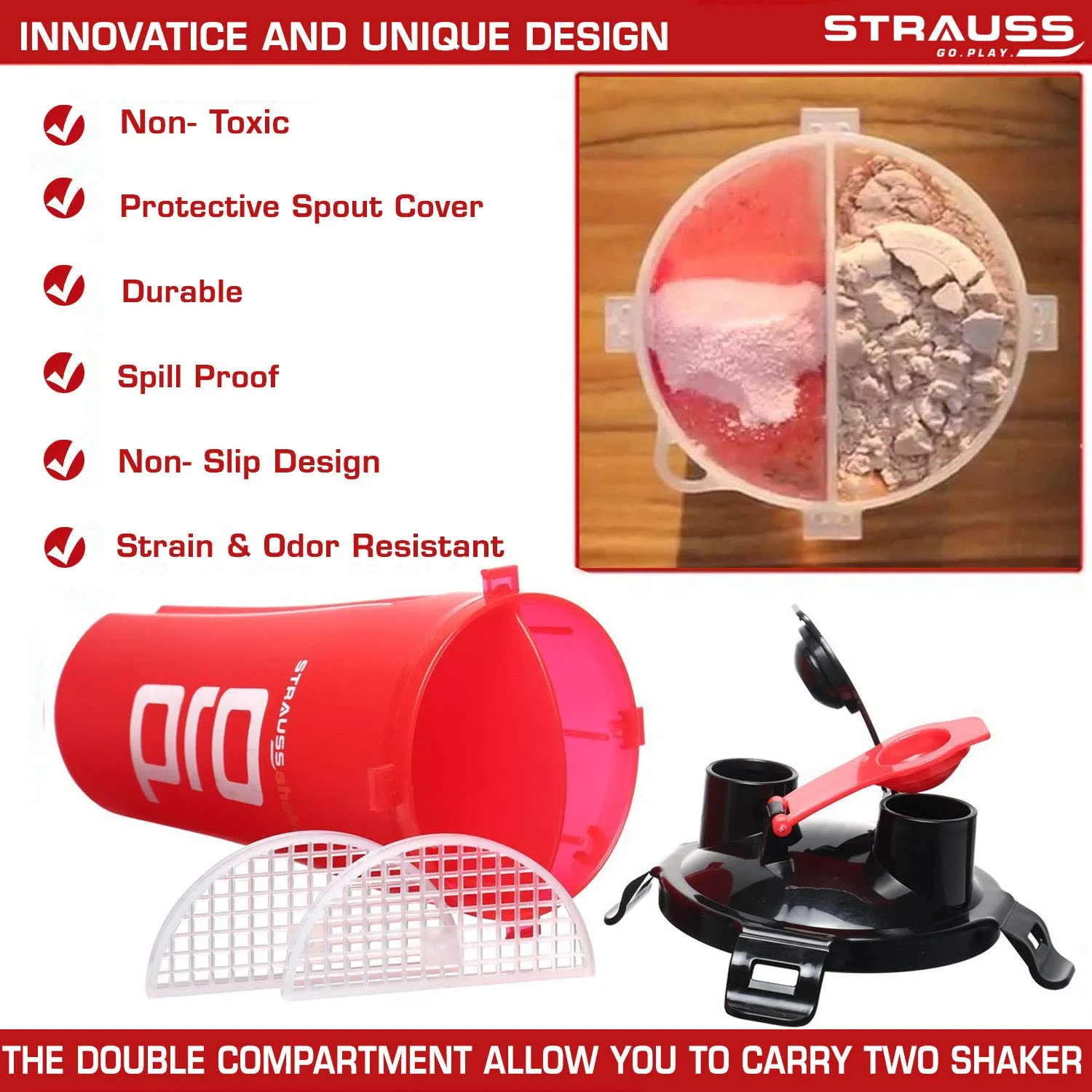 STRAUSS Dual Shaker Pro | Pre & Post Protein Shake On the Go | Leakproof and BPA-Free Material | Dual Shaker Bottle | Protein Shaker Bottle for Gym | Suitable for Both Men and Women, 700ml,(Red)