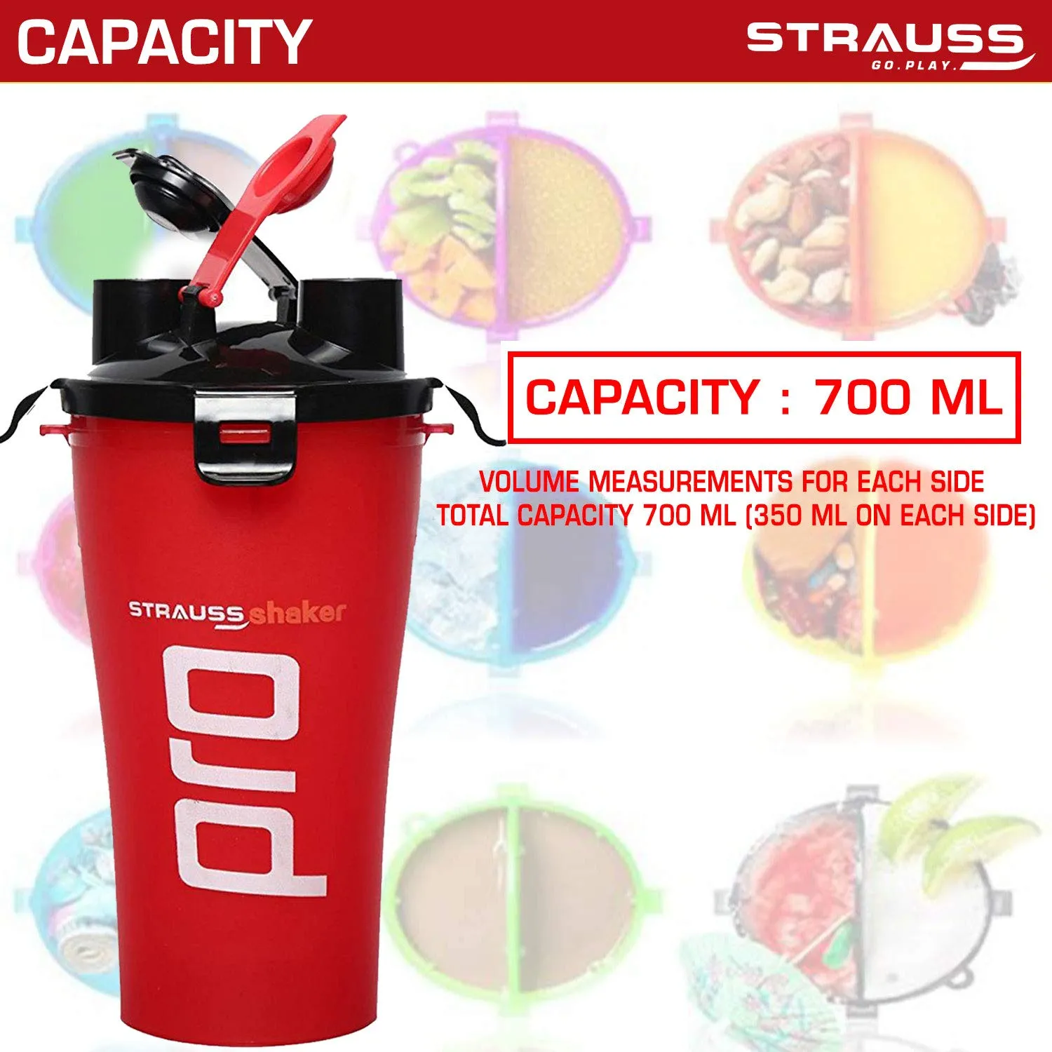 STRAUSS Dual Shaker Pro | Pre & Post Protein Shake On the Go | Leakproof and BPA-Free Material | Dual Shaker Bottle | Protein Shaker Bottle for Gym | Suitable for Both Men and Women, 700ml,(Red)