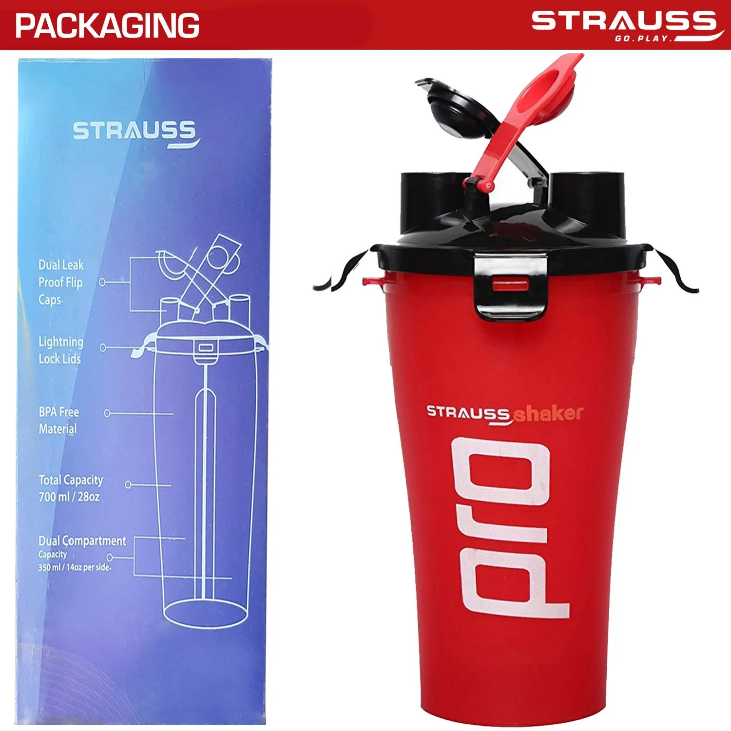 STRAUSS Dual Shaker Pro | Pre & Post Protein Shake On the Go | Leakproof and BPA-Free Material | Dual Shaker Bottle | Protein Shaker Bottle for Gym | Suitable for Both Men and Women, 700ml,(Red)