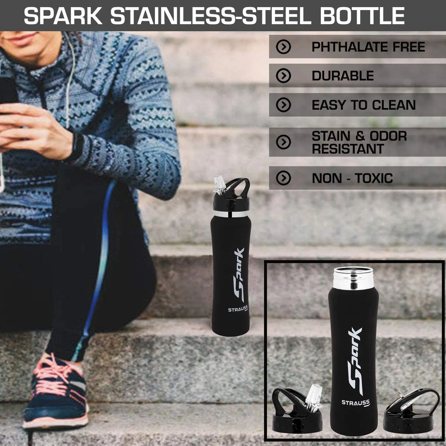 STRAUSS Spark Stainless-Steel Bottle, Rubber Finish, 750 ml, (Black), (Pack of 2)