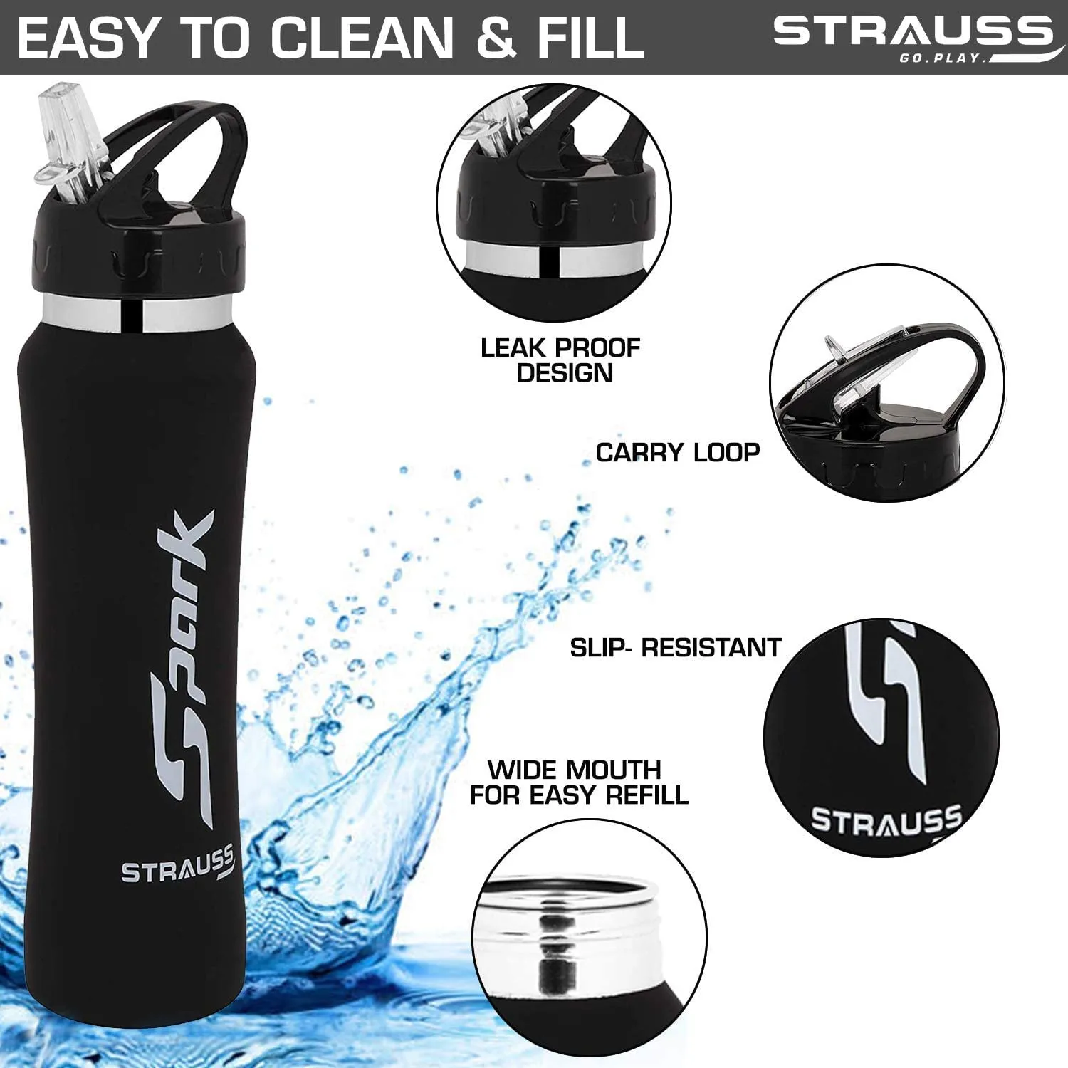 STRAUSS Spark Stainless-Steel Bottle, Rubber Finish, 750 ml, (Black), (Pack of 2)