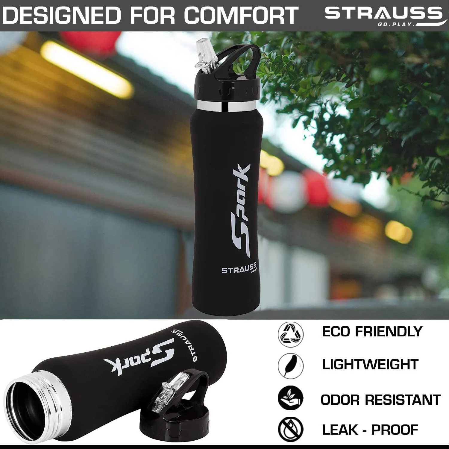 STRAUSS Spark Stainless-Steel Bottle, Rubber Finish, 750 ml, (Black), (Pack of 2)