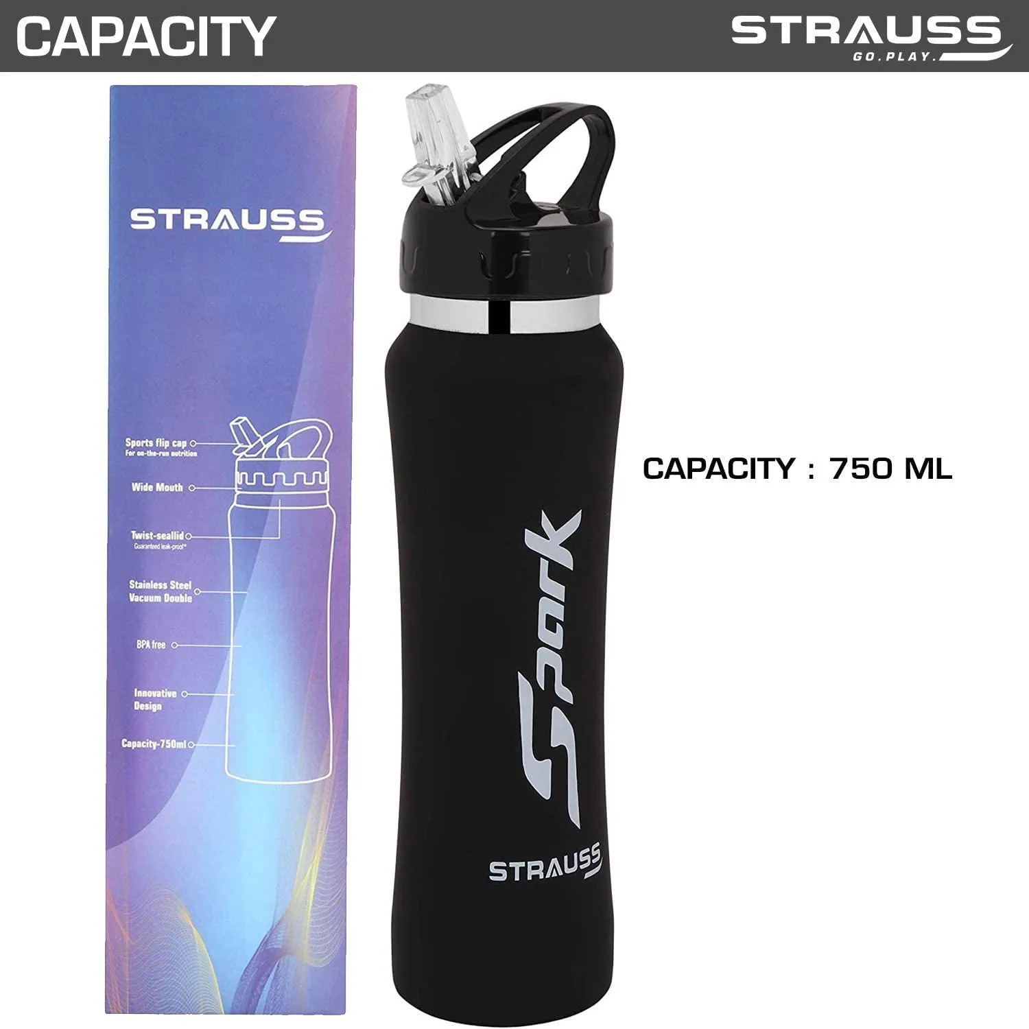 STRAUSS Spark Stainless-Steel Bottle, Rubber Finish, 750 ml, (Black), (Pack of 2)