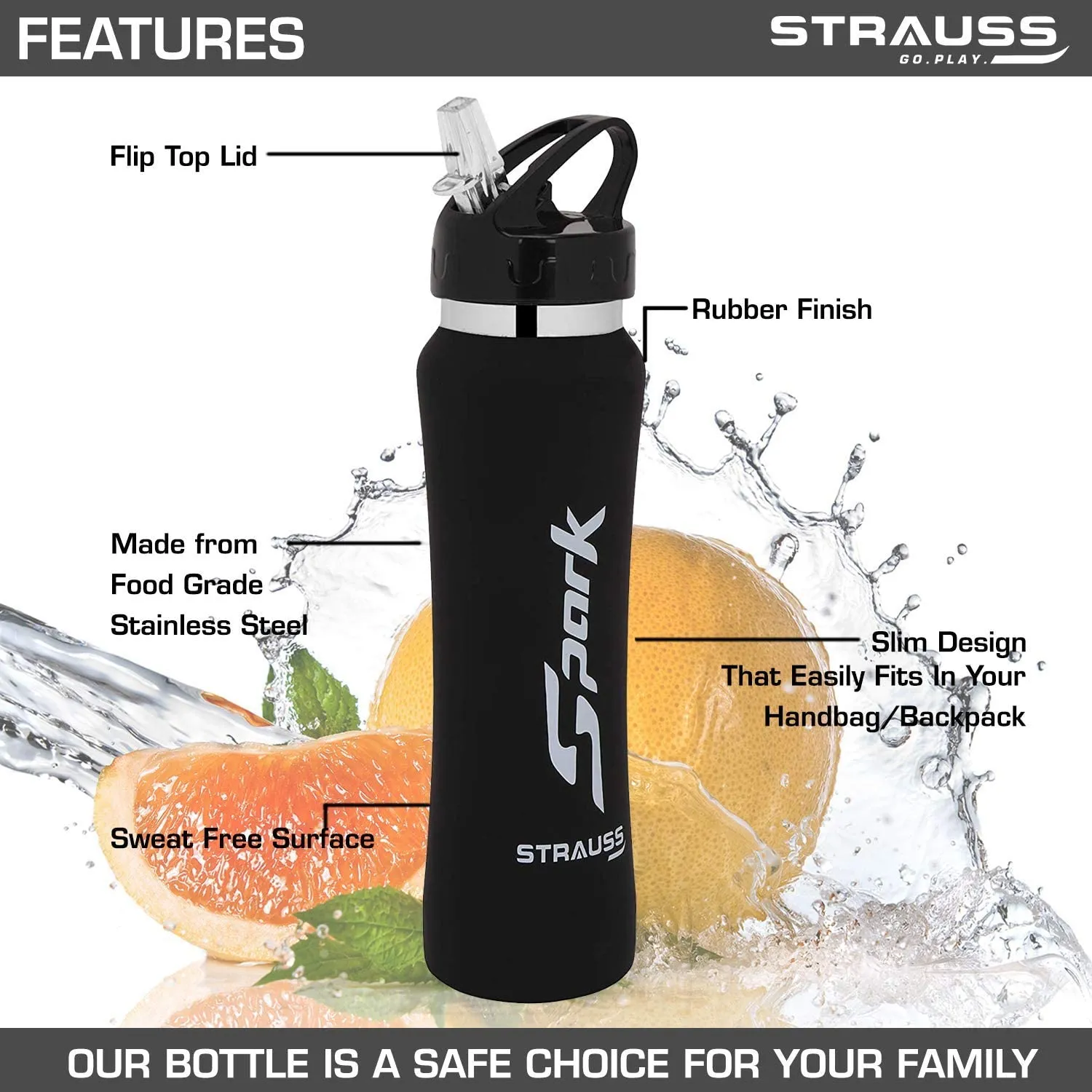 STRAUSS Spark Stainless-Steel Bottle, Rubber Finish, 750 ml, (Black), (Pack of 2)