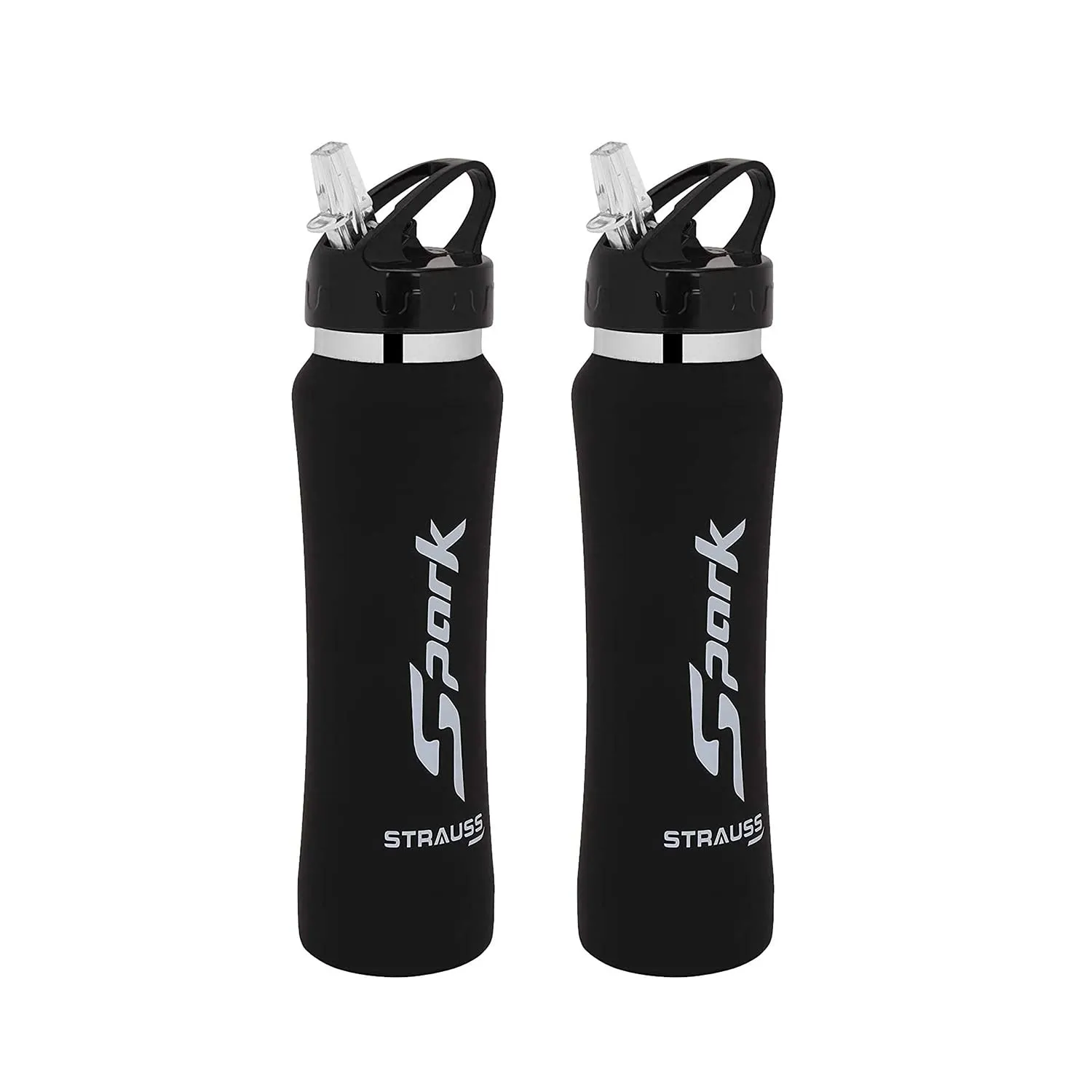 STRAUSS Spark Stainless-Steel Bottle, Rubber Finish, 750 ml, (Black), (Pack of 2)