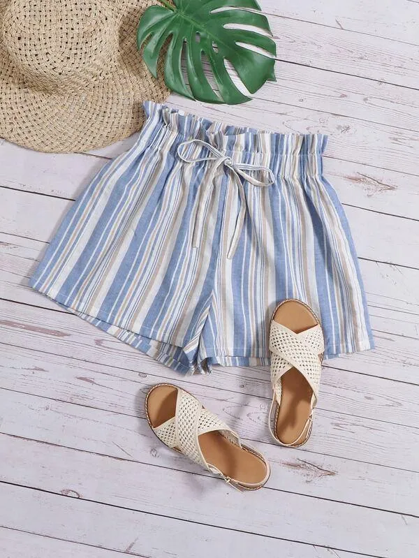 Tied Paperbag Waist Striped Shorts