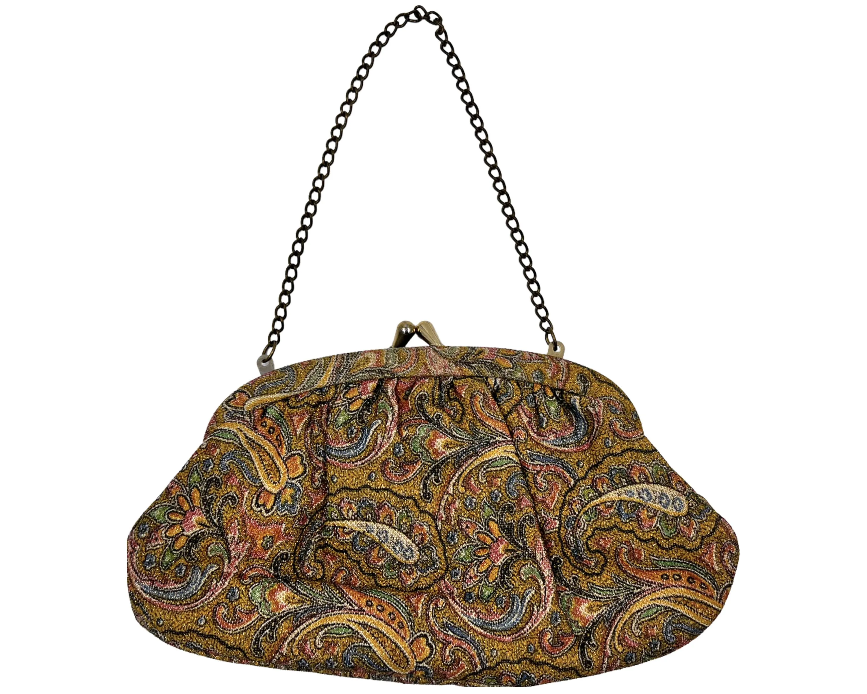 Vintage 1960s Evening Bag Woven Metallic Paisley Purse - VFG