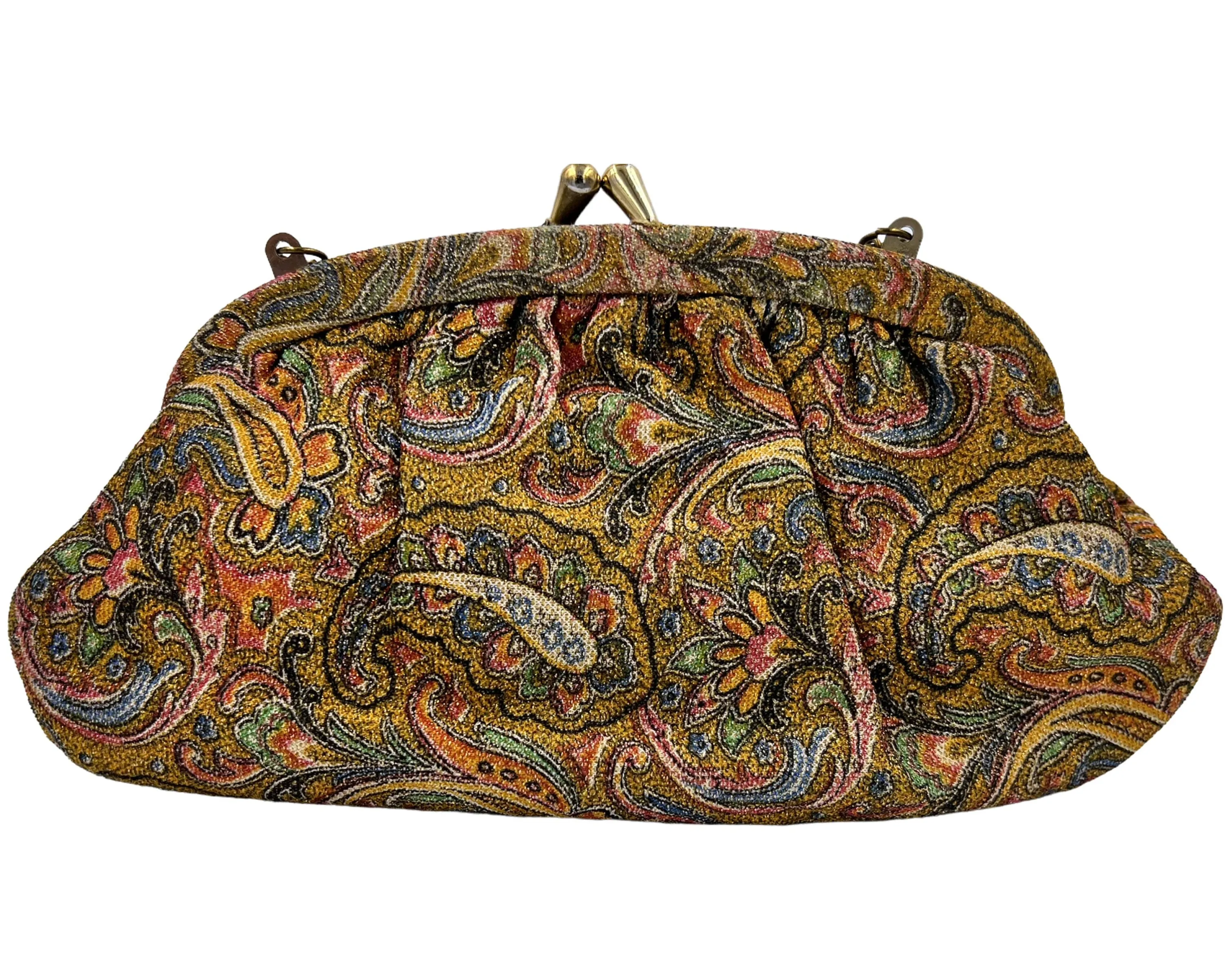 Vintage 1960s Evening Bag Woven Metallic Paisley Purse - VFG