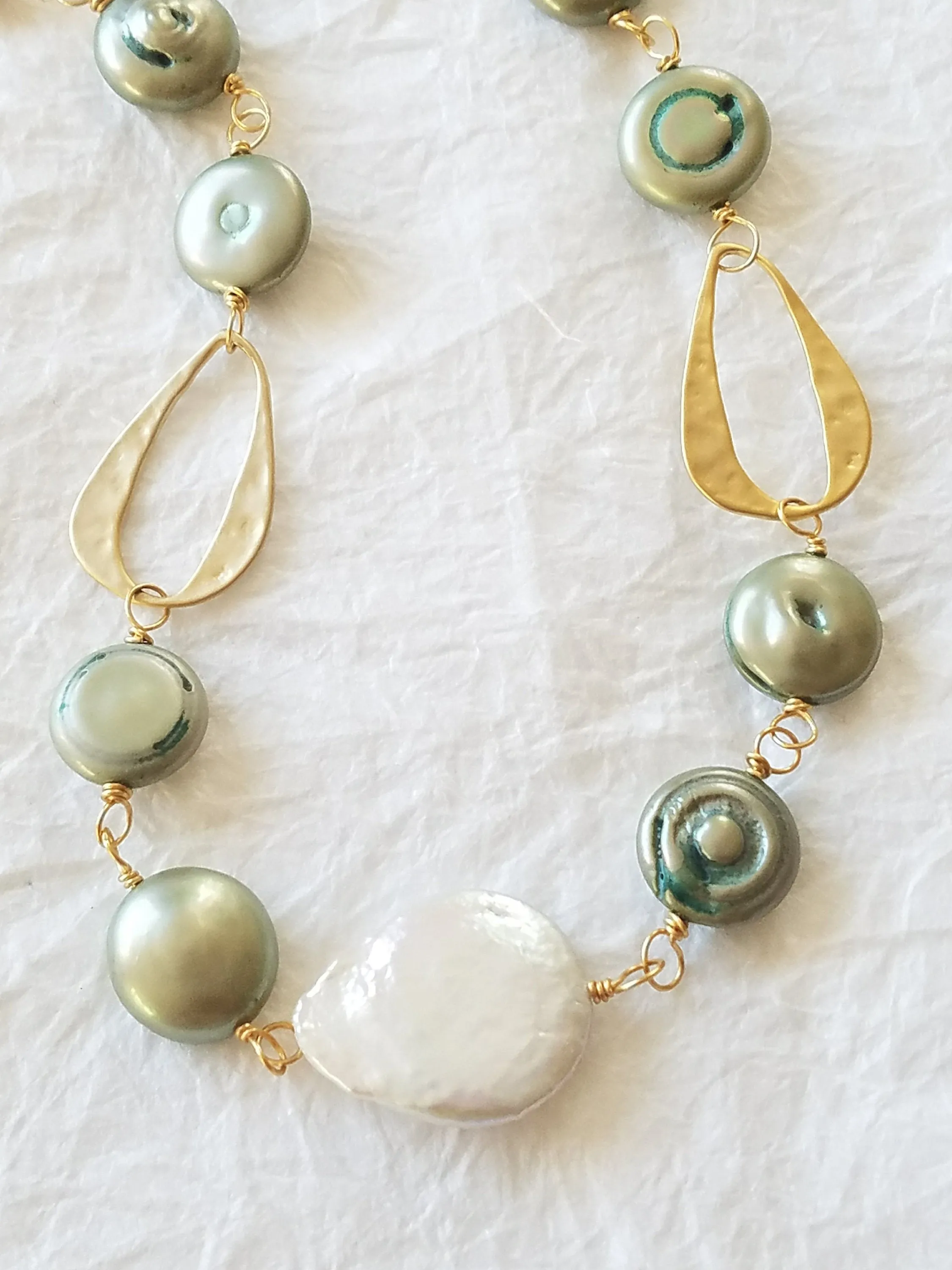 White & Seafoam Green Coin Pearl 14kt Matte Gold Plated Abstract Hammered Oval Motif Matinee Long Necklace, The Calla Lily Necklace