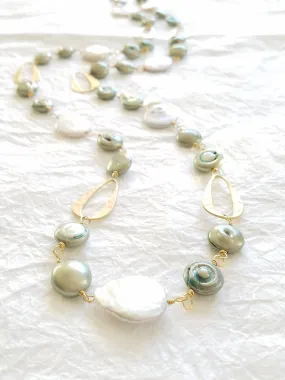 White & Seafoam Green Coin Pearl 14kt Matte Gold Plated Abstract Hammered Oval Motif Matinee Long Necklace, The Calla Lily Necklace