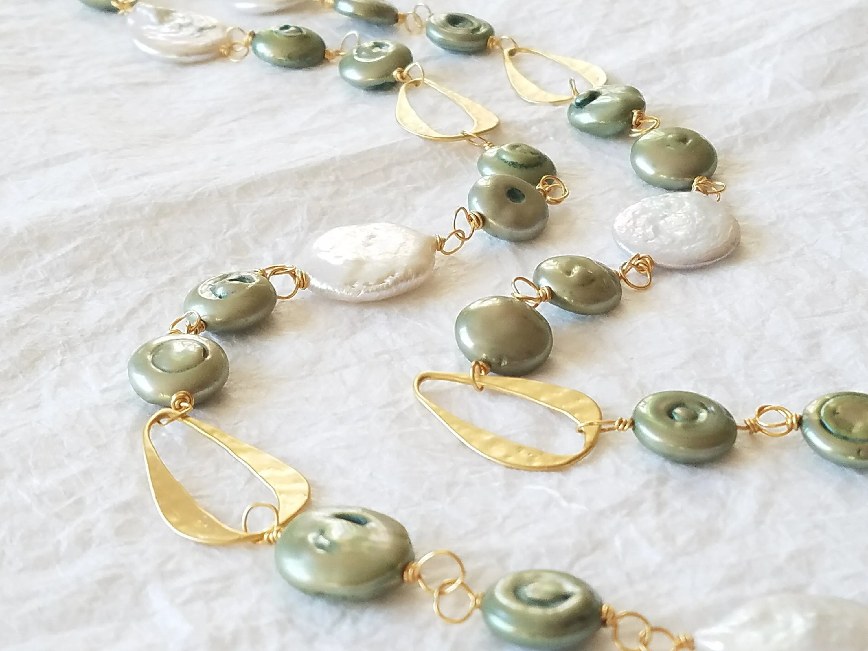 White & Seafoam Green Coin Pearl 14kt Matte Gold Plated Abstract Hammered Oval Motif Matinee Long Necklace, The Calla Lily Necklace