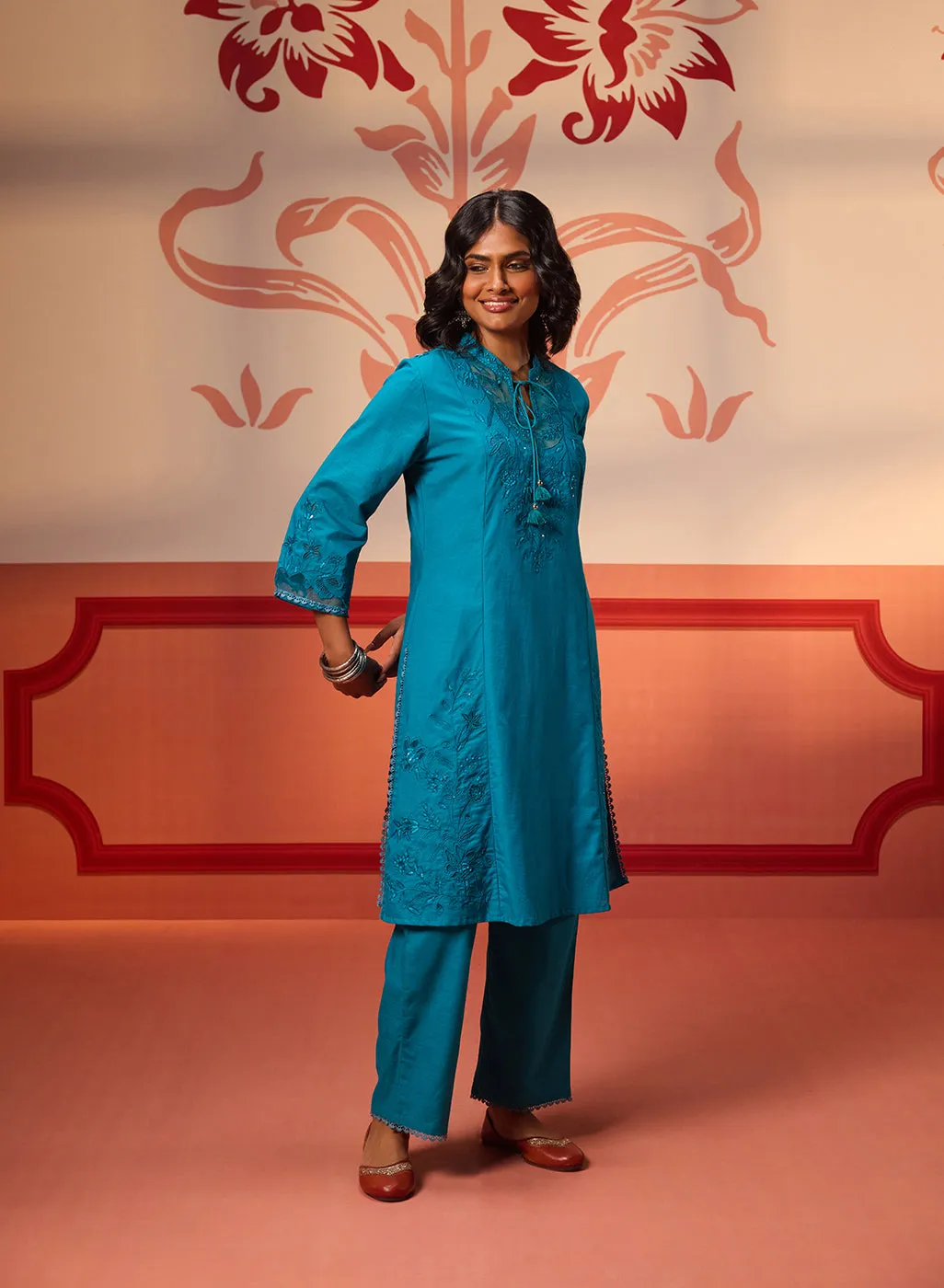 Zara Teal Cotton Linen Embroidered Kurta Set for Women